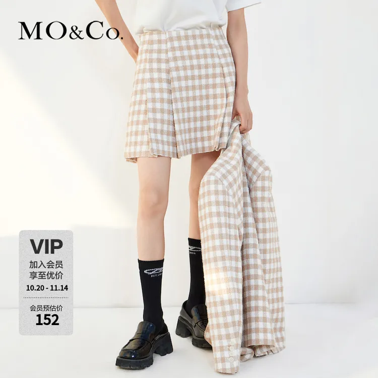 MOCO春季颗粒感格纹压褶高腰半身裙短裙MBB1SKTT06