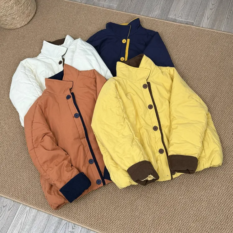 2025秋冬新款 洋气拼色纽扣棉衣休闲撞色百搭韩版外套
