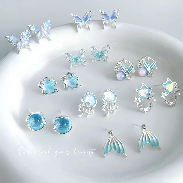 铜合金贝壳耳饰 925针耳钉少女心ins耳环不对称鱼尾海洋贝壳饰品