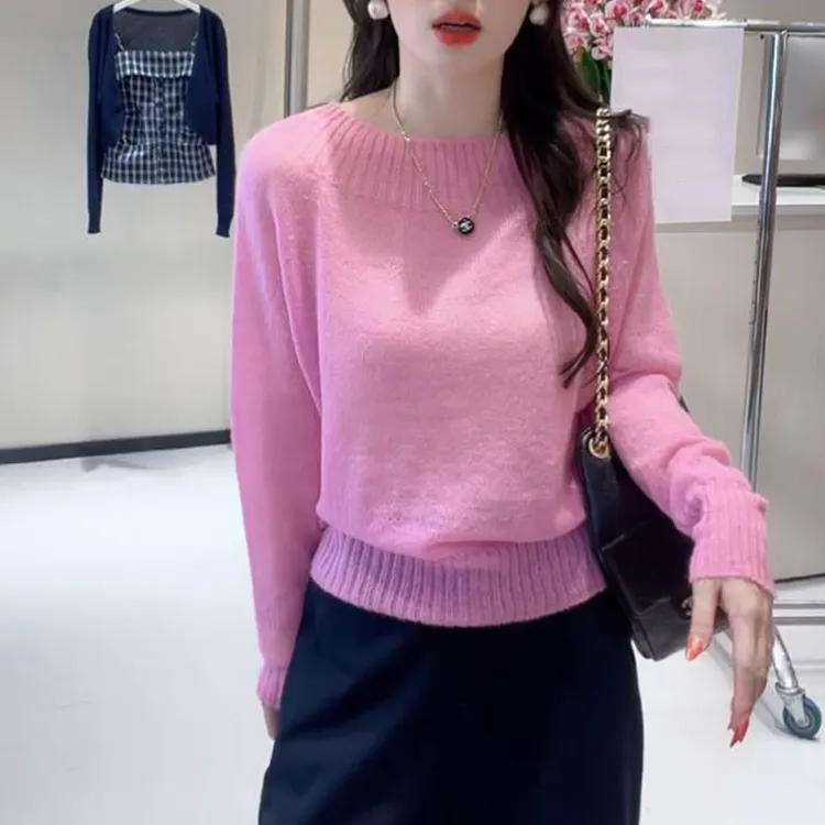2025春秋季新款圆领显瘦宽松针织衫女士百搭时尚纯色毛衣洋气女装