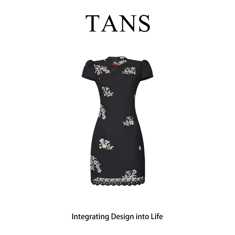 现货 TANS【石竹花】新中式国风气质蕾丝拼接设计感改良旗袍女