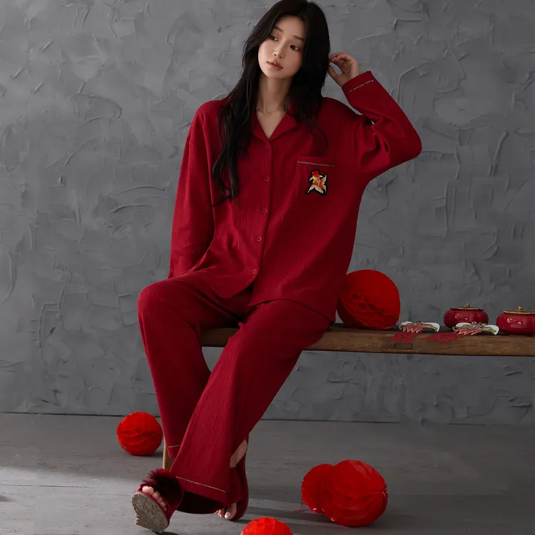 高档红色睡衣女纯棉春秋季开衫长袖新婚本命年女士家居服套装刺绣