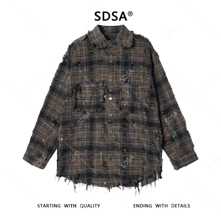 SDSA秋冬新款痞帅男装嘻哈街头泼墨磨破流苏纽扣翻领长袖衬衫百搭