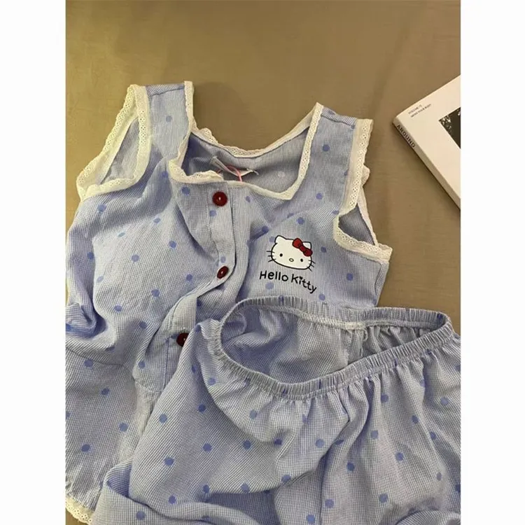 简约蕾丝边吊带短裤套装夏季新款波点图案可爱HelloKitty背心k