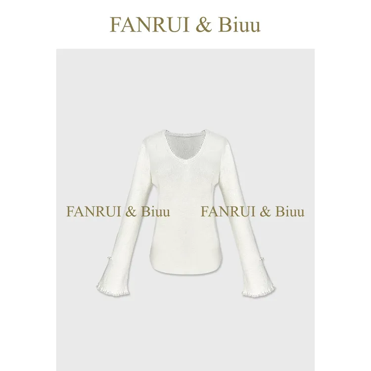 FANRUI/泛芮「素白简织」羊毛V领气质减龄设计感钉珠针织上衣B19771