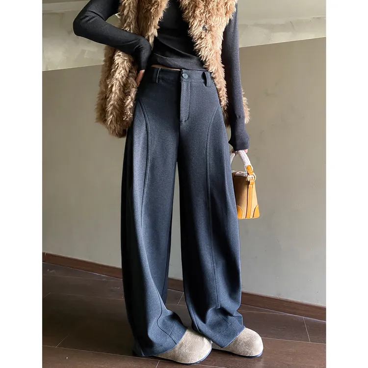 灰色弯刀裤女款加绒加厚冬季新款醋酸羊毛呢西装阔腿裤直筒糯米裤