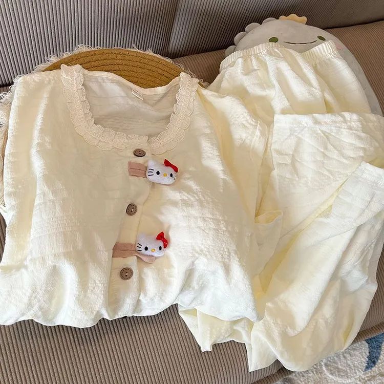 带胸垫睡衣女款春秋季2025新款长袖长裤套装甜美可爱家居服可外穿