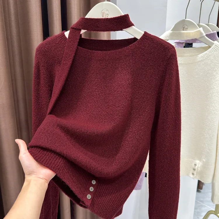 2025新款枣红色长袖飘带围巾领针织衫女秋冬季小众别致时髦打底衫