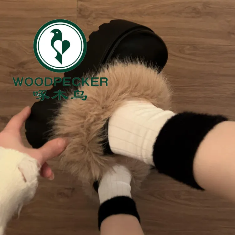 啄木鸟增高厚底包头半拖鞋女外穿加绒毛毛拖鞋2025新款冬勃肯棉拖