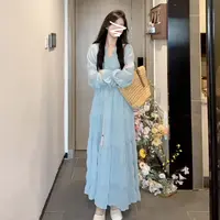 蓝色雪纺连衣裙初秋度假仙女长裙2025早秋新款法式气质温柔风1088