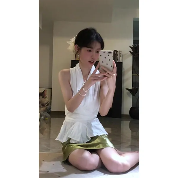 法式复古提花V领系带无袖上衣小众设计感高级半身裙套装