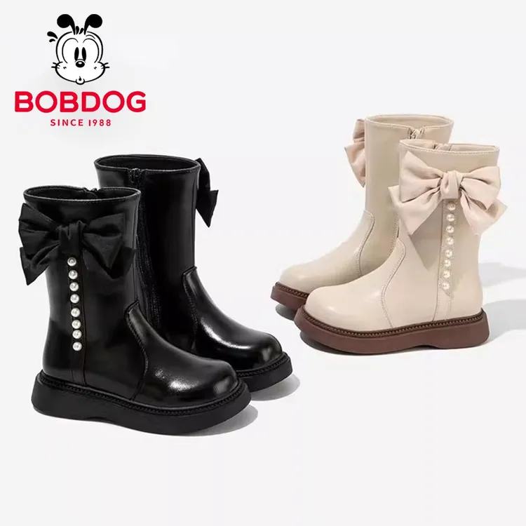 巴布豆女童靴子儿童长筒靴2025新款秋冬季加绒宝宝小公主高筒皮靴