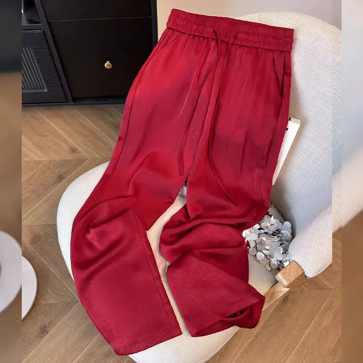 拉夏贝尔国风印花高腰阔腿裤女2025新款山本裤醋酸缎面垂感直筒裤