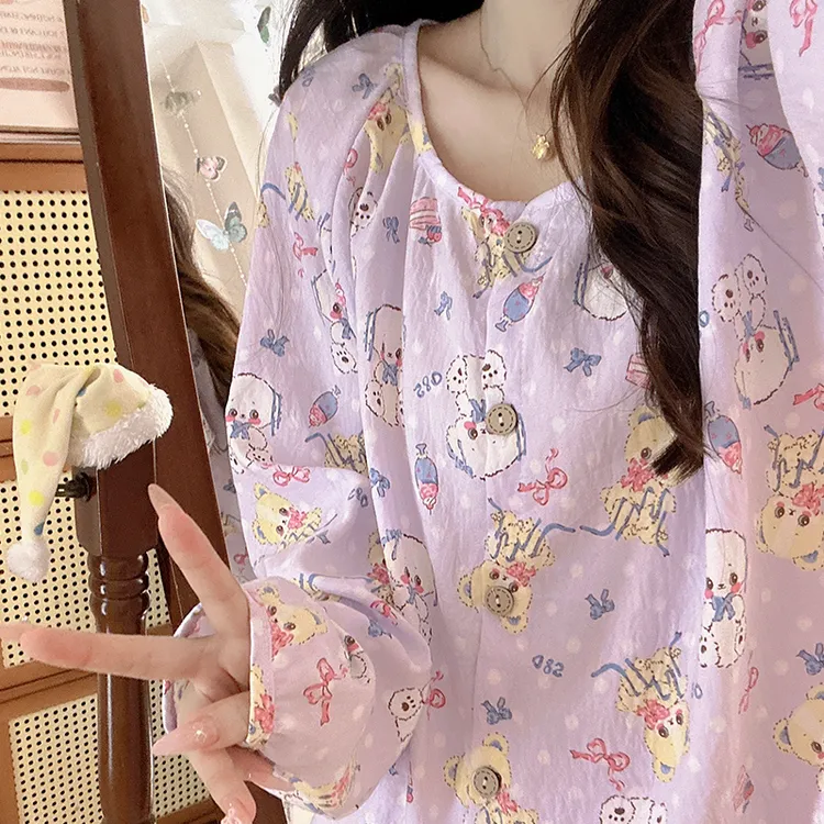 可爱卡通香芋紫害羞坐姿熊睡衣少女春秋季泡泡棉长袖学生套装韩版