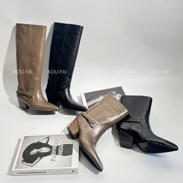 【蔻牌女鞋】6cm长短靴秋冬新款尖头粗跟瘦瘦靴时尚百搭气质时装靴