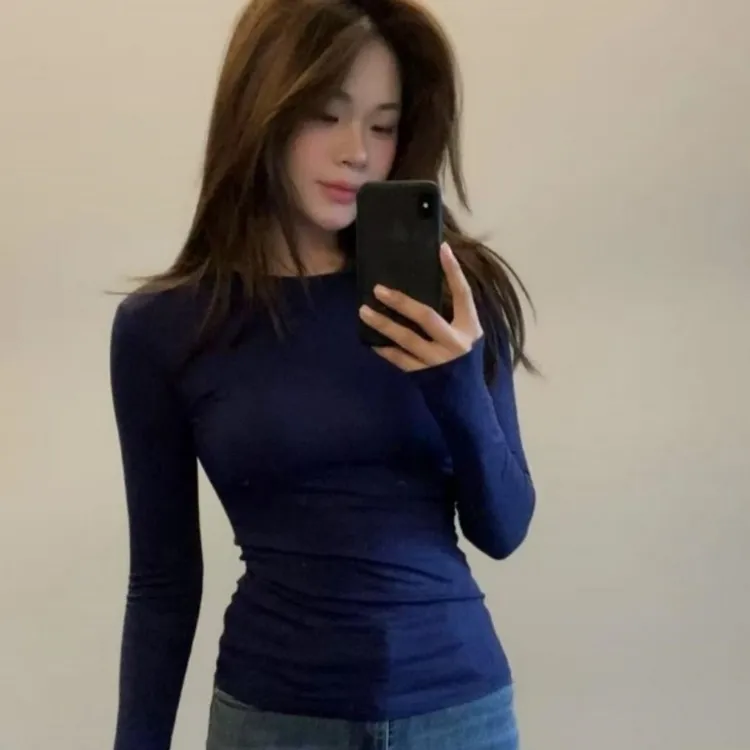 薄款/德绒款 女长袖上衣春秋季修身纯色紧身圆领高级感T恤