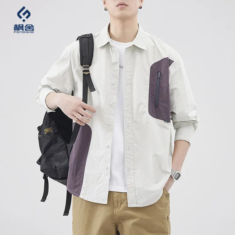 免烫纯色拼色透气多口袋男士衬衣衬衫简约百搭长夏日通勤休闲穿搭