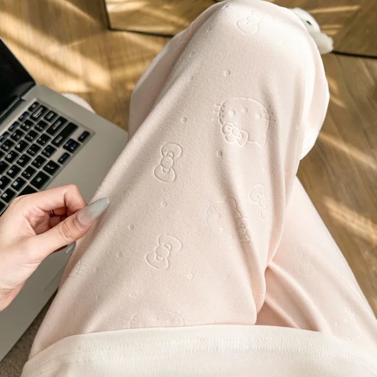 大码300斤可穿宽松休闲可爱凹凸kt猫印花家居直筒遛弯睡裤女外穿