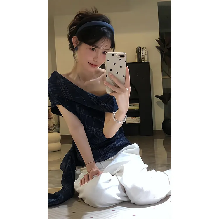 2025新款女士夏季高级感轻奢洋气斜肩领短袖衬衫上衣宽松阔腿裤