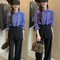 法式复古格纹长袖衬衫女秋季新款慵懒风上衣高腰设计感阔腿裤套装