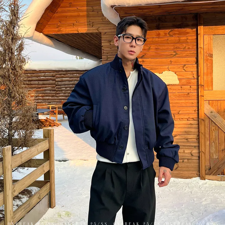 OXFREAK「立体活页排扣」海军蓝飞行棉服男短款宽松立领外套冬季