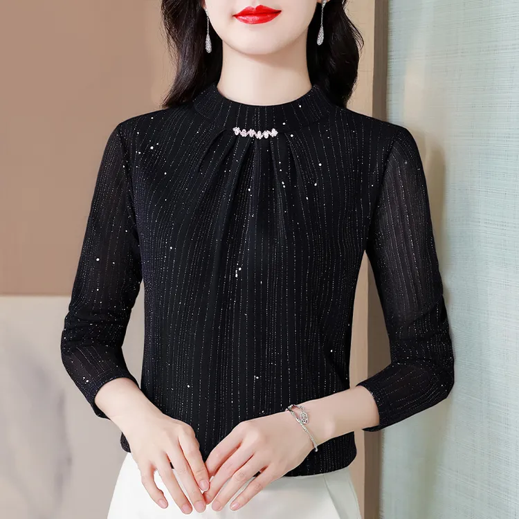 半高领蕾丝打底衫女内搭秋2025新款网纱长袖T恤高端亮丝小衫上衣