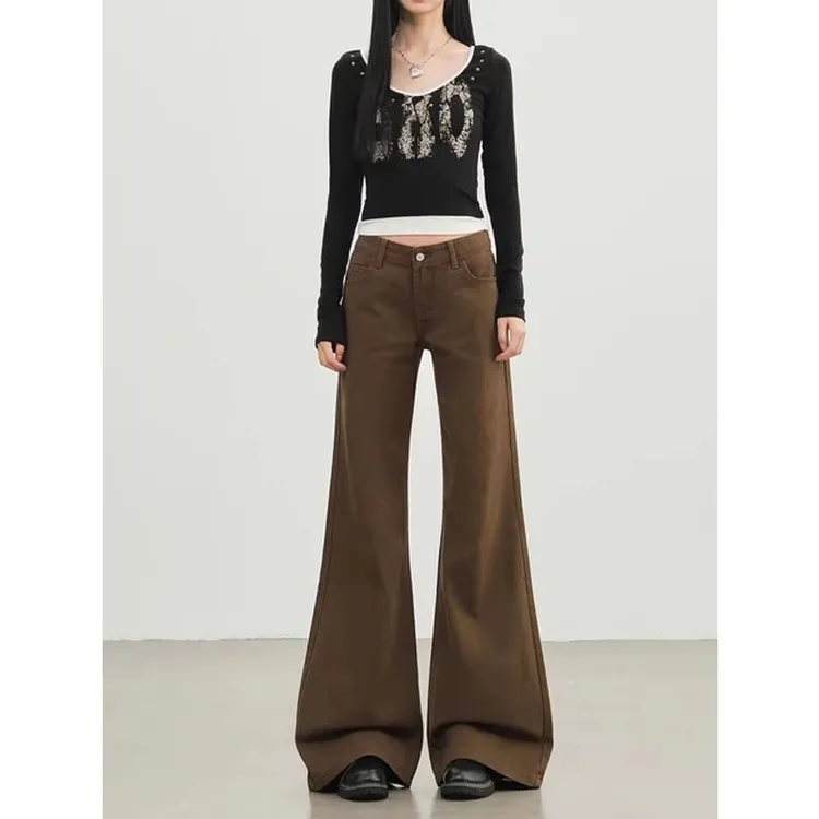 棕咖色微喇牛仔裤女秋冬新款美式低腰宽松显瘦直筒喇叭裤子