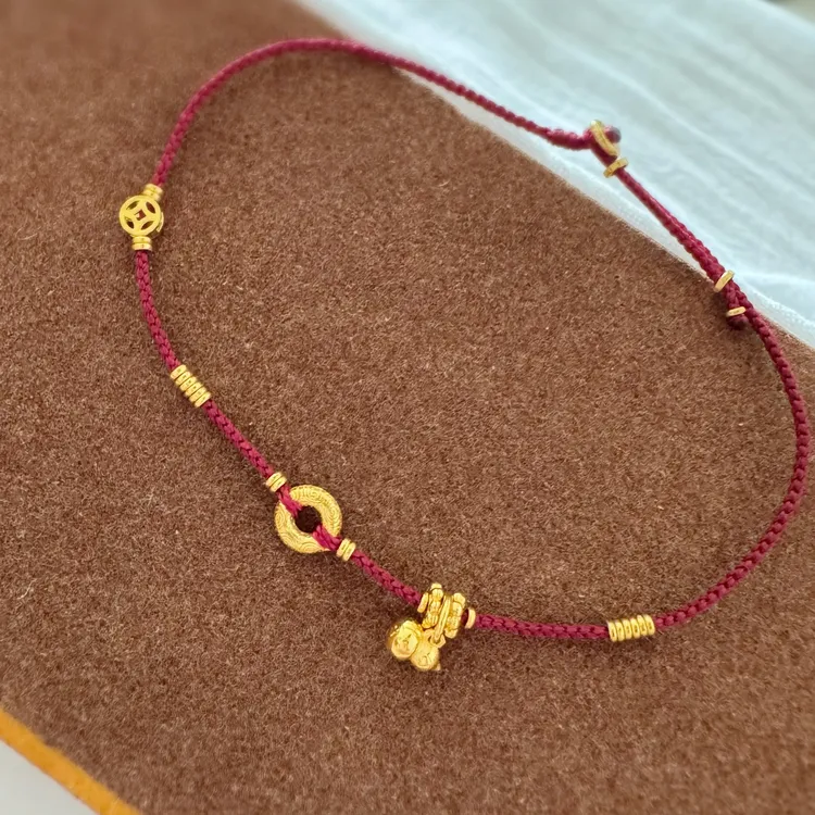 [福禄平安]足金999黄金葫芦手工编织红绳极细手绳脚链小众礼物