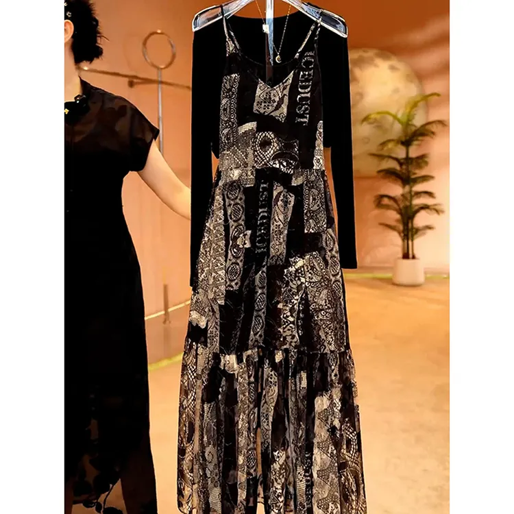 高级感收腰显瘦印花A字裙女2025夏季新款轻奢收腰遮肉无袖中长裙