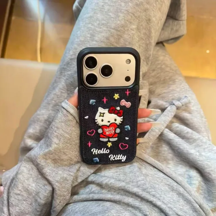 秋冬牛仔刺绣kitty适用iPhone17promax手机壳苹果16pro可爱15新款
