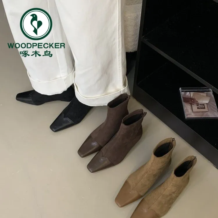 啄木鸟低跟瘦瘦小短靴女2025新爆款巨好看的弹力后拉链时装裸靴女