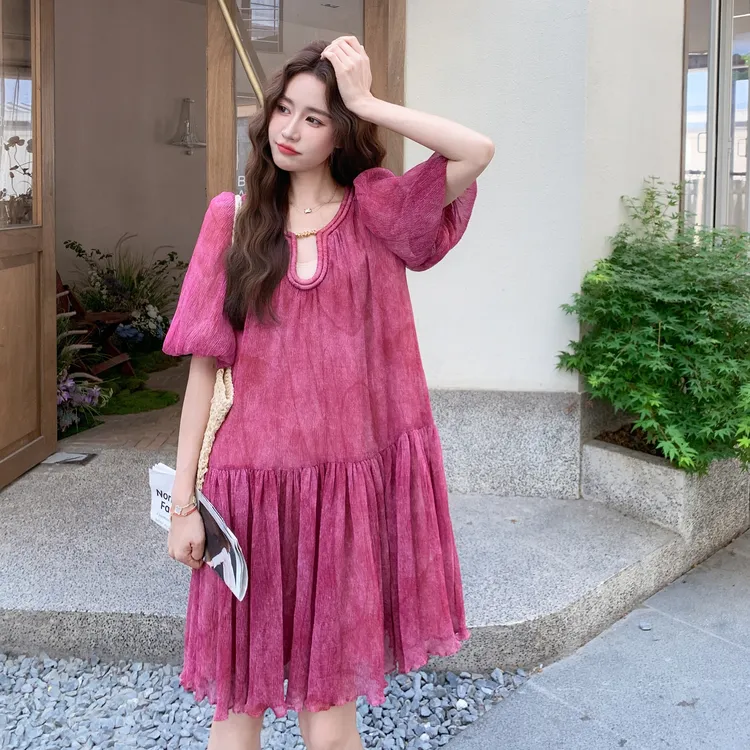 树莓粉晕染泡泡袖连衣裙女夏季2025新款超好看甜美减龄中长款裙子