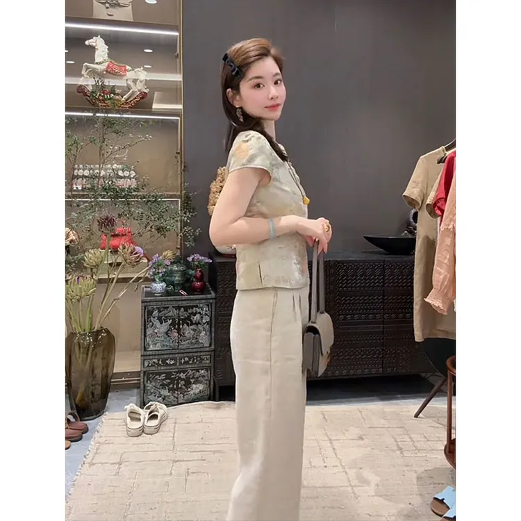 2025超火夏装一整套新中式国风年轻款盘扣改良唐装上衣裤子两件套