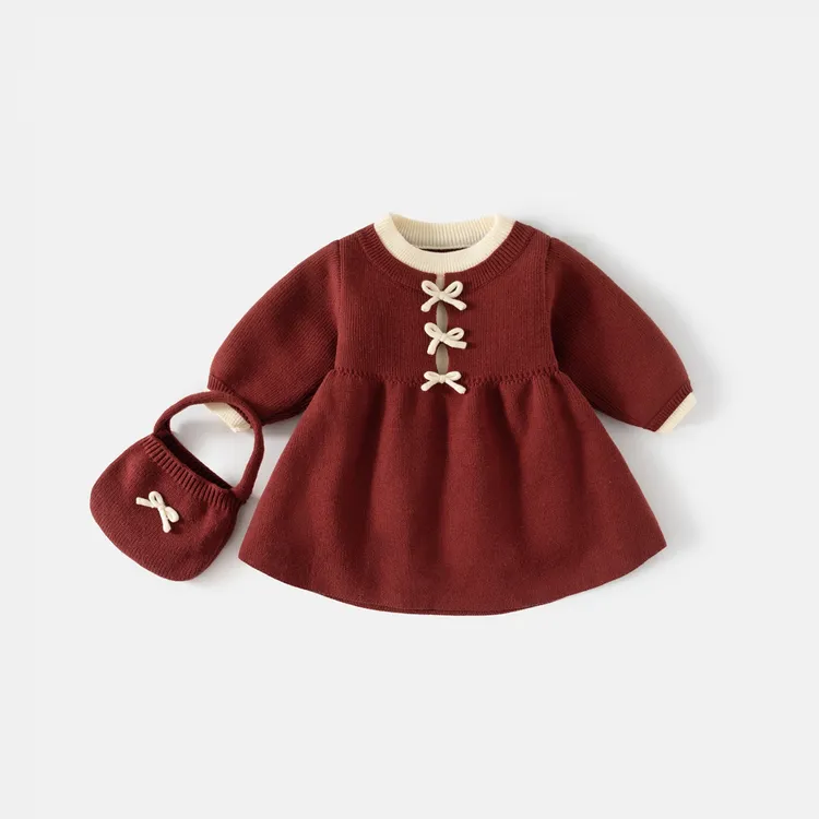 新年款女童毛衣连衣裙秋冬季韩版中小童女宝宝蝴蝶结针织公主裙子