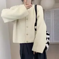 识氧单排扣纯色圆领毛衣外套女时尚韩版针织开衫慵懒风通开衫女潮