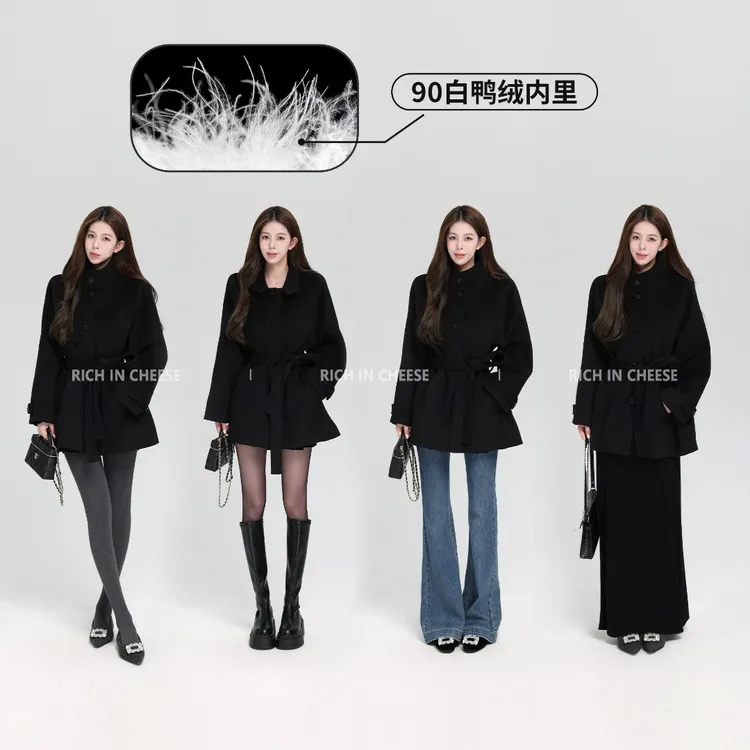 舒胡蕾 暖冬氛围 90白鸭绒高定版韩系立领系带收腰气质毛呢外套