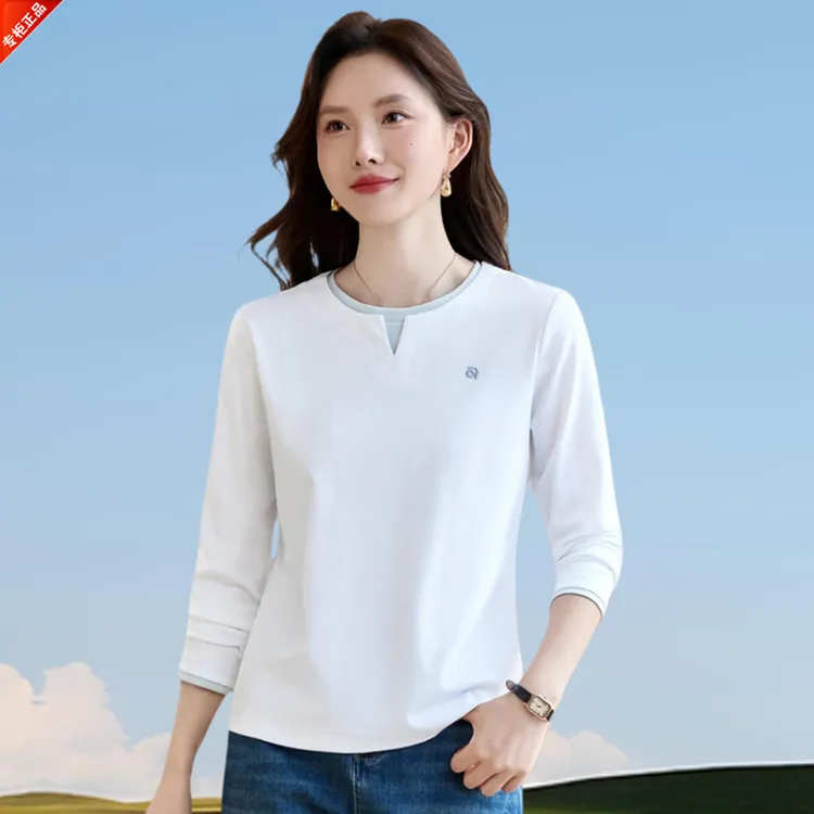 哥弟阿玛施正品2025春秋季T恤女修身圆领假两件长袖打底衫t恤上衣