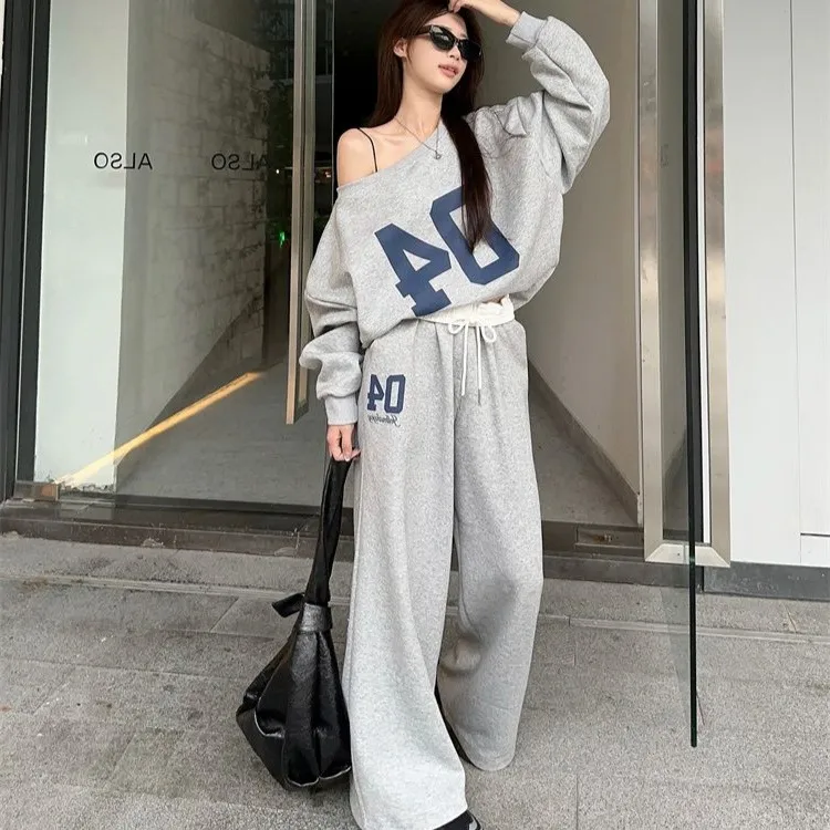 春秋运动洋气休闲阔腿宽松显瘦小个子网红时尚长袖高腰春季学生纯