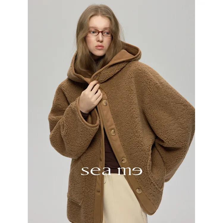 人造皮草 Seame汐觅【可塞林】颗粒肌理感羊羔毛麂皮绒连帽毛毛外套