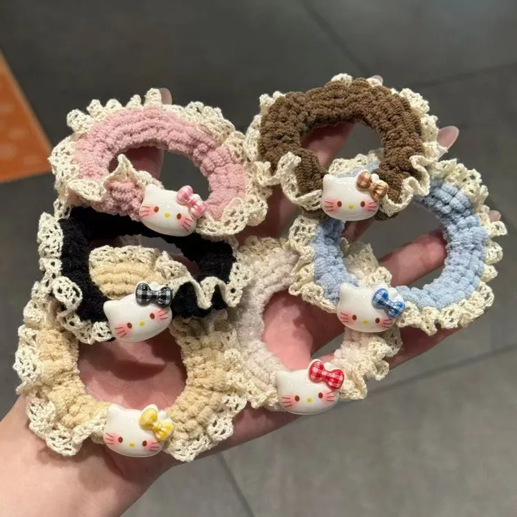 甜美蕾丝花边KT猫发圈少女卡通百搭马尾小肠圈高颜值森系ins发绳