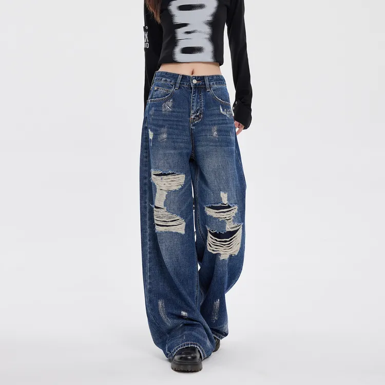 EDX直筒牛仔裤女秋季新款泼墨涂鸦设计感水洗做旧阔腿贴布破洞裤