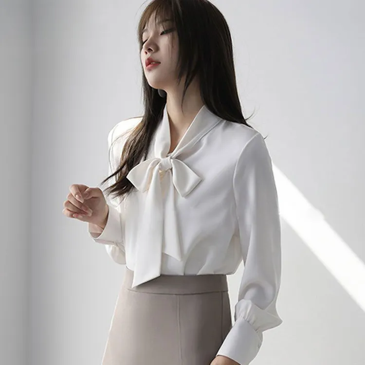 气质飘带白衬衫女装秋冬新款长袖蝴蝶结职业通勤宽松上衣
