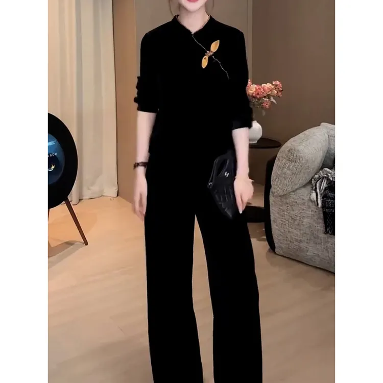 中式黑色国风丝绒套装2025秋季新款轻奢洋气休闲显瘦上衣+长裤子