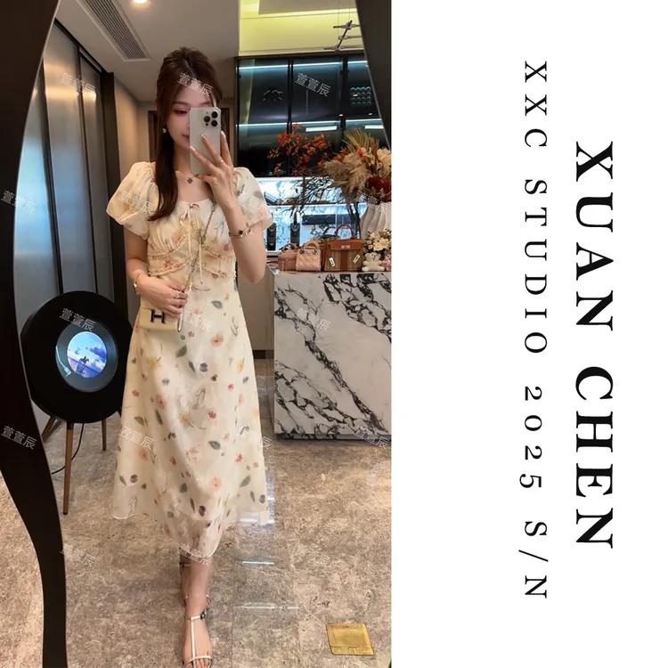 【晨雾百合】甜美不规则裙优雅女装温柔初恋连衣裙收腰长裙#8617