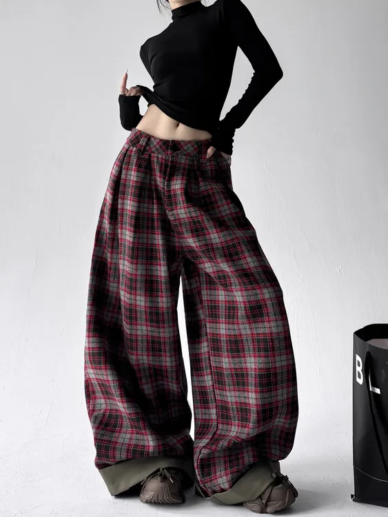秋冬款加绒阔腿红色格子休闲裤子女2025年冬季新款网红炸街毛呢裤