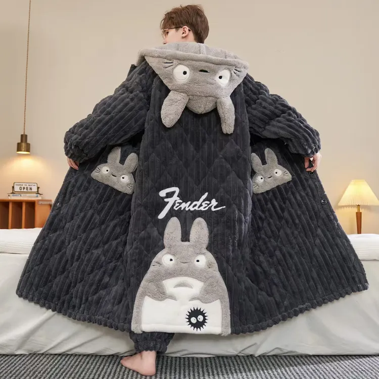 睡衣冬季三层夹棉加厚睡衣男士睡袍男青年加绒珊瑚绒厚款浴袍冬天