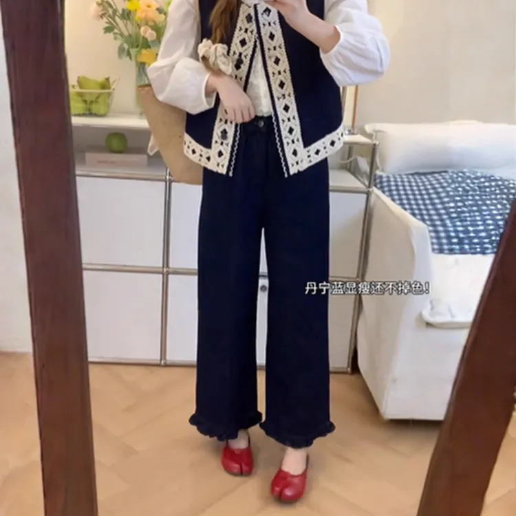 丹宁蓝直筒牛仔裤女大码秋季新款胖妹妹mm宽松显瘦梨形身材阔腿裤