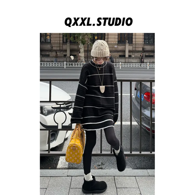 邱小小丽呀 冬季新款慵懒风条纹针织套装女套头上衣+半身裙两件套