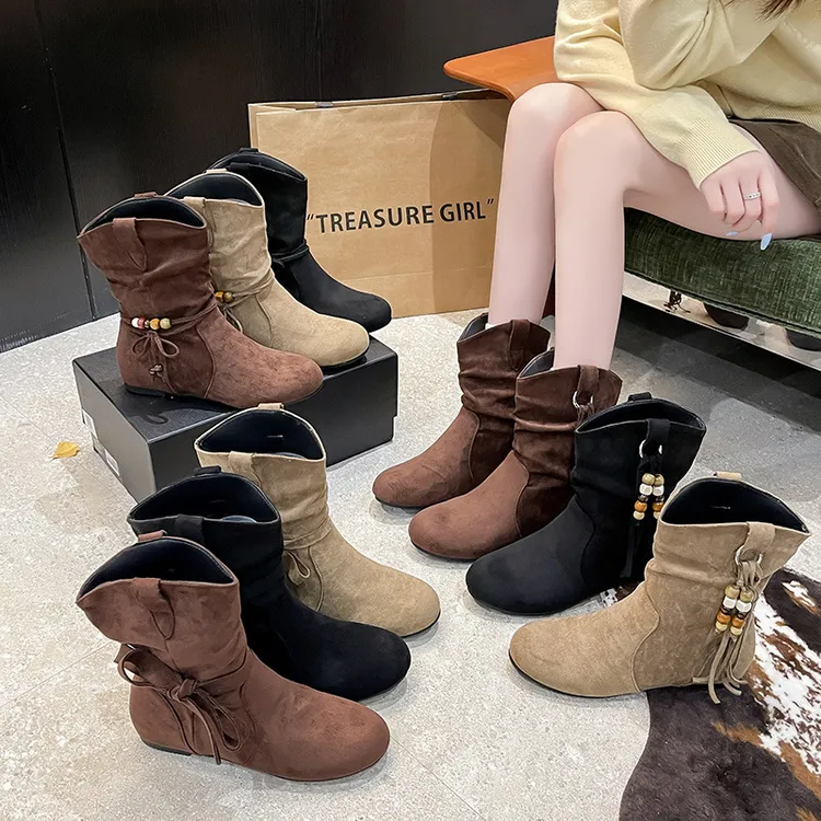 36-43码 废土风平底褶皱堆堆短靴女2025新款西部牛仔靴小腿博肯靴