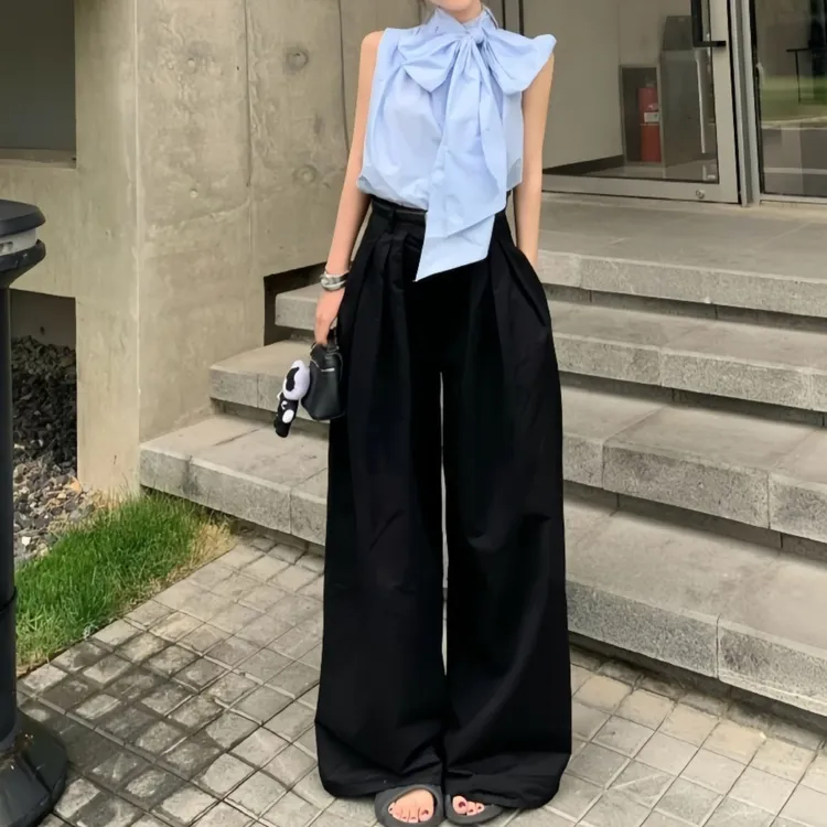 法式穿搭一整套蝴蝶结无袖背心衬衫女设计感气质套装上衣阔腿长裤